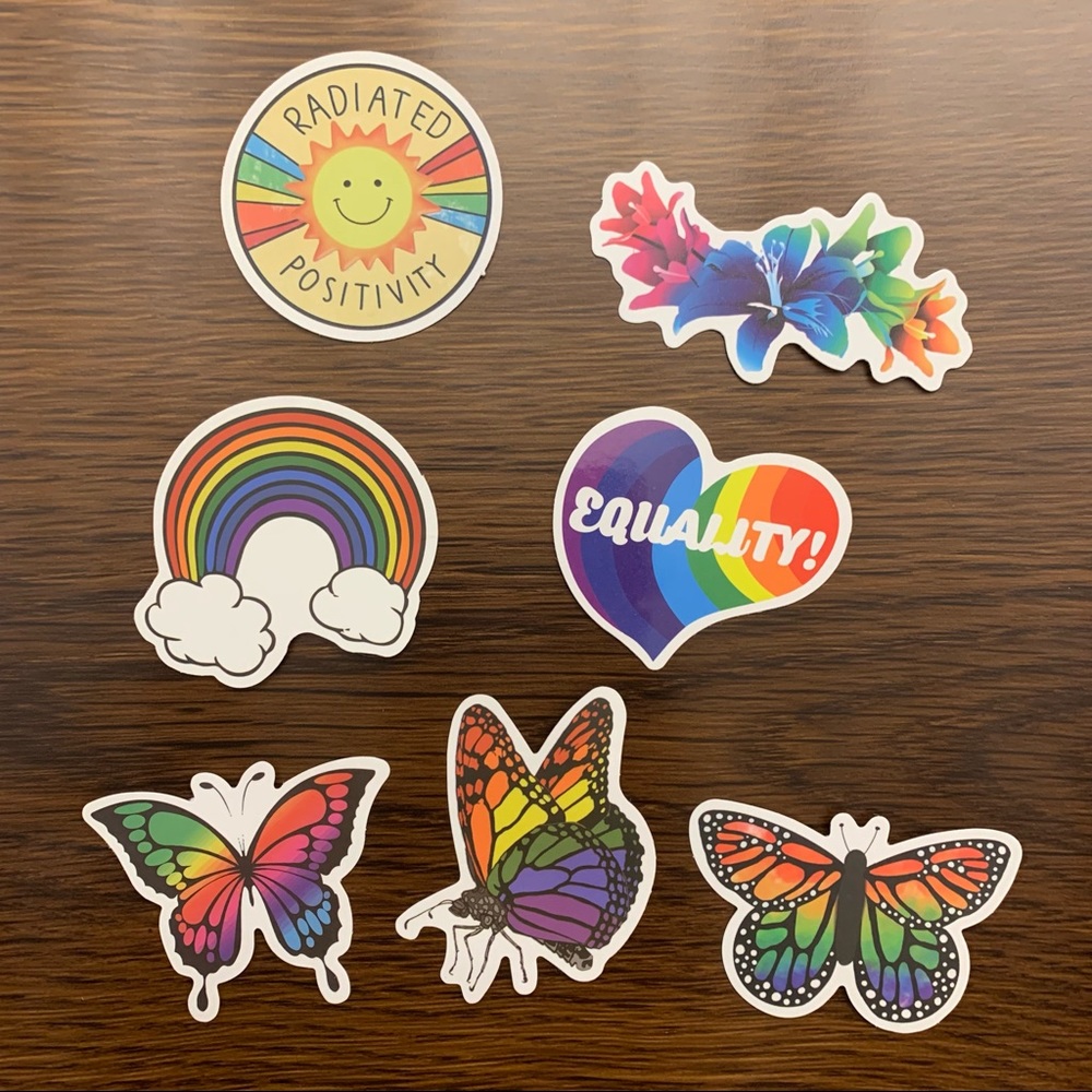NWOT 7 Assorted Equality Rainbow Pride Stickers // Butterflies, Flowers